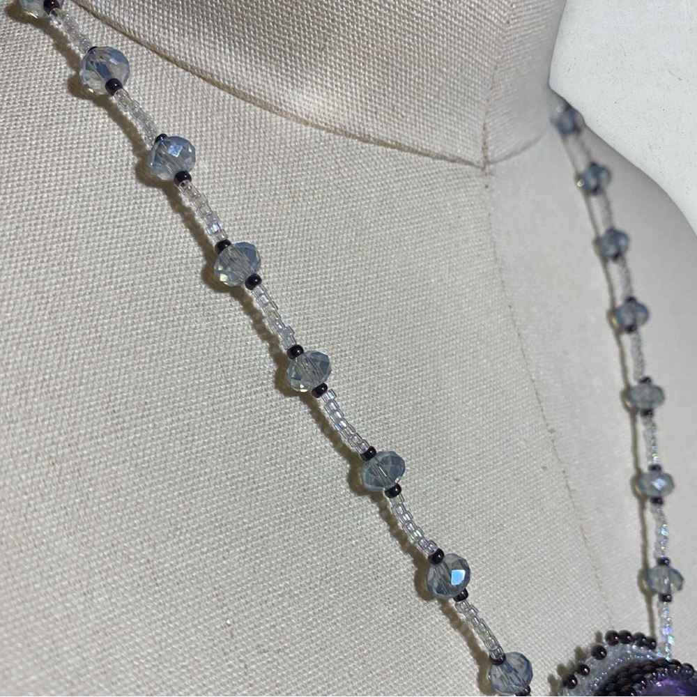 Amethyst Owl Bead Embroidered Crystal Necklace - Picture 6 of 13